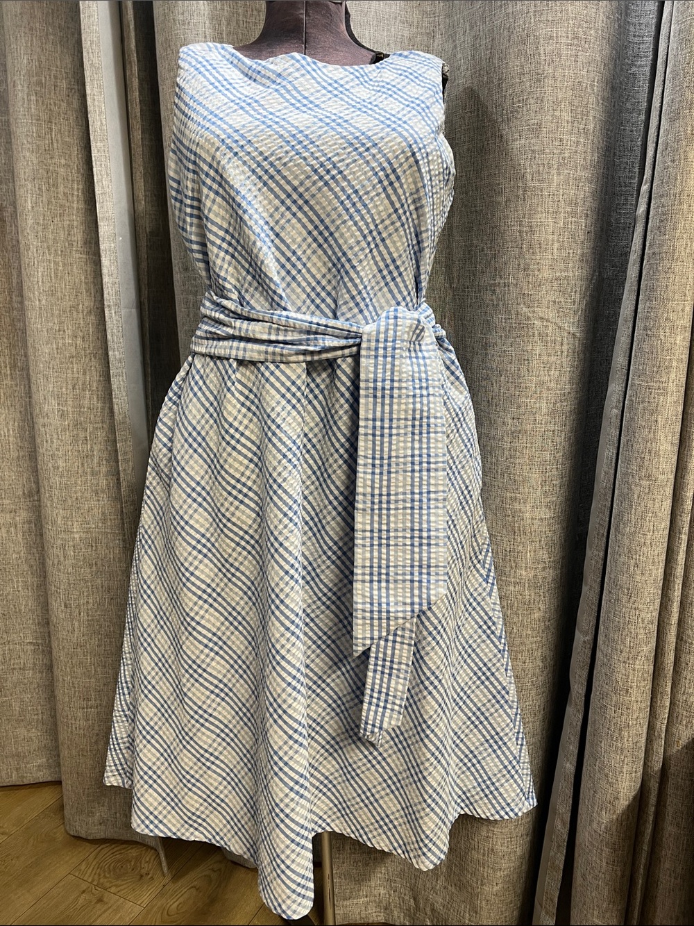 Anne Klein Blue and White Plaid Sleeveless Midi Dress with Self Tie Belt